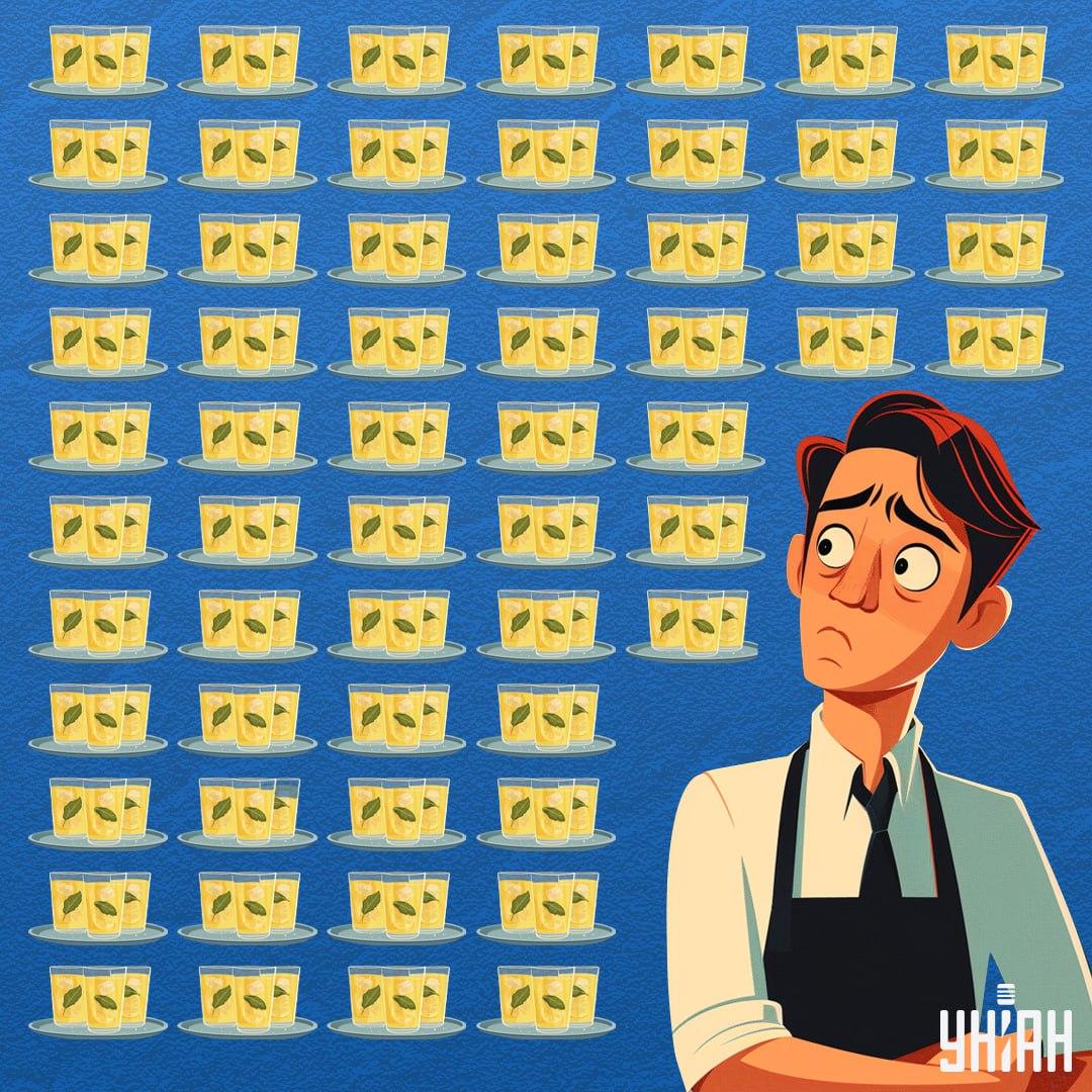 Hitta ett glas som har mindre lemonad i sig än resten av behållarna / collage Moje